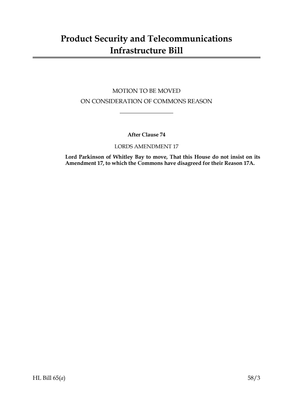 Product Security and Telecommunications Infrastructure Bill Motion to be moved on consideration of Commons Reason
