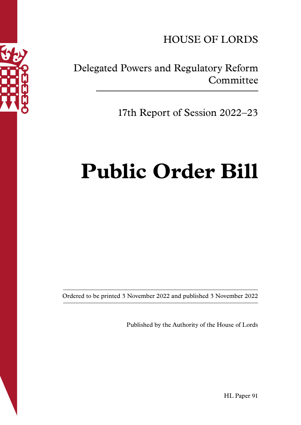 Delegated Powers and Regulatory Reform Committee 17th Report. Public Order Bill