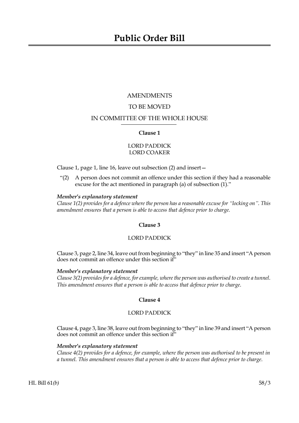 Public Order Bill Amendments to be moved in Committee of the Whole House