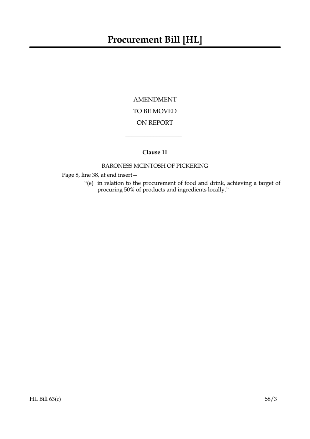 Procurement Bill Amendment to be moved on Report