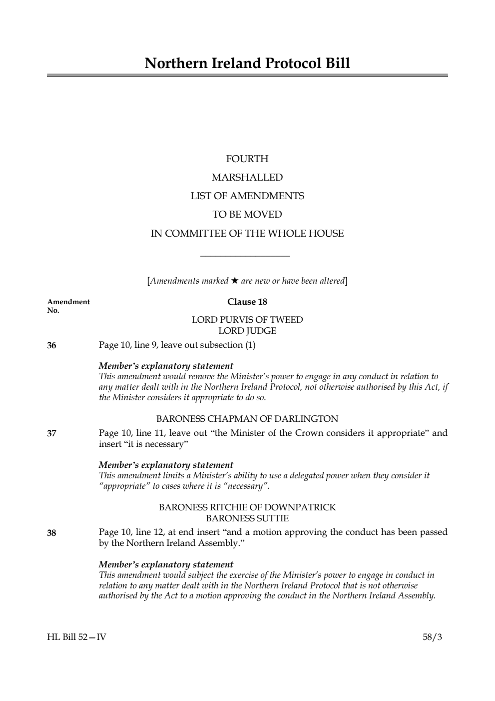 Northern Ireland Protocol Bill Fourth Marshalled List of Amendments to be moved in Committee of the Whole House