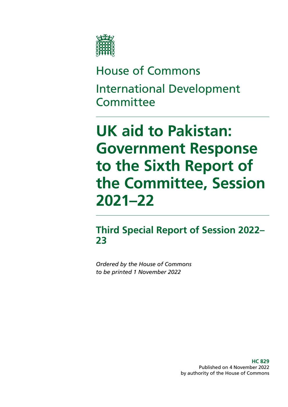 International Development Committee 3rd Special Report. UK aid to Pakistan: Government Response to the Sixth Report of the Committee, Session 2021–22