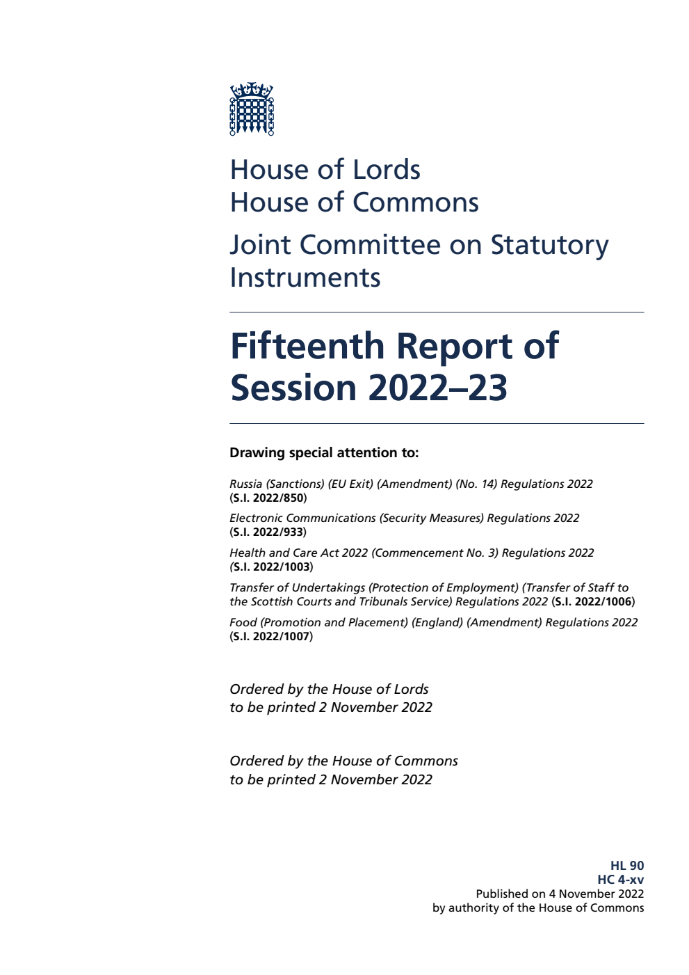 Joint Committee on Statutory Instruments 15th Report of Session 2022-23