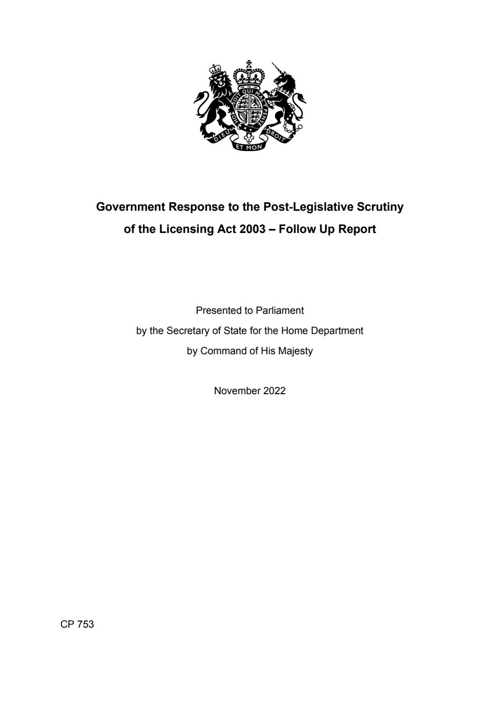 Government Response to the Post-Legislative Scrutiny of the Licensing Act 2003 – Follow Up Report