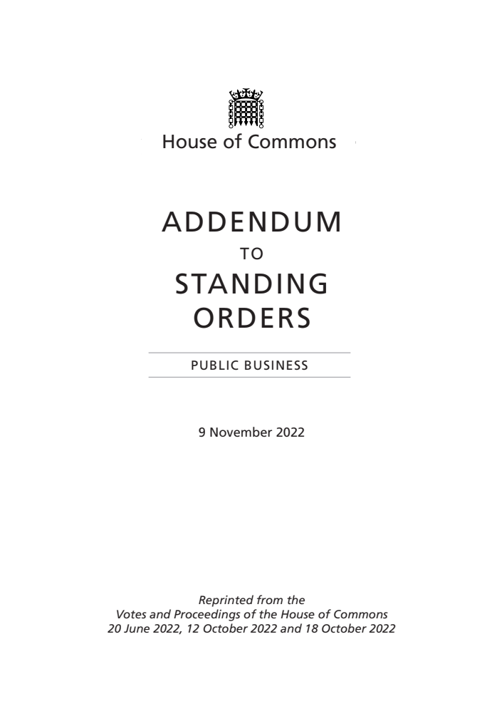 Addendum to the Standing Orders of the House of Commons Relating to Public Business 2021, 9 November 2022