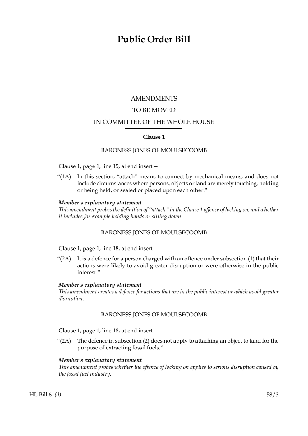 Public Order Bill Amendments to be moved in Committee of the Whole House