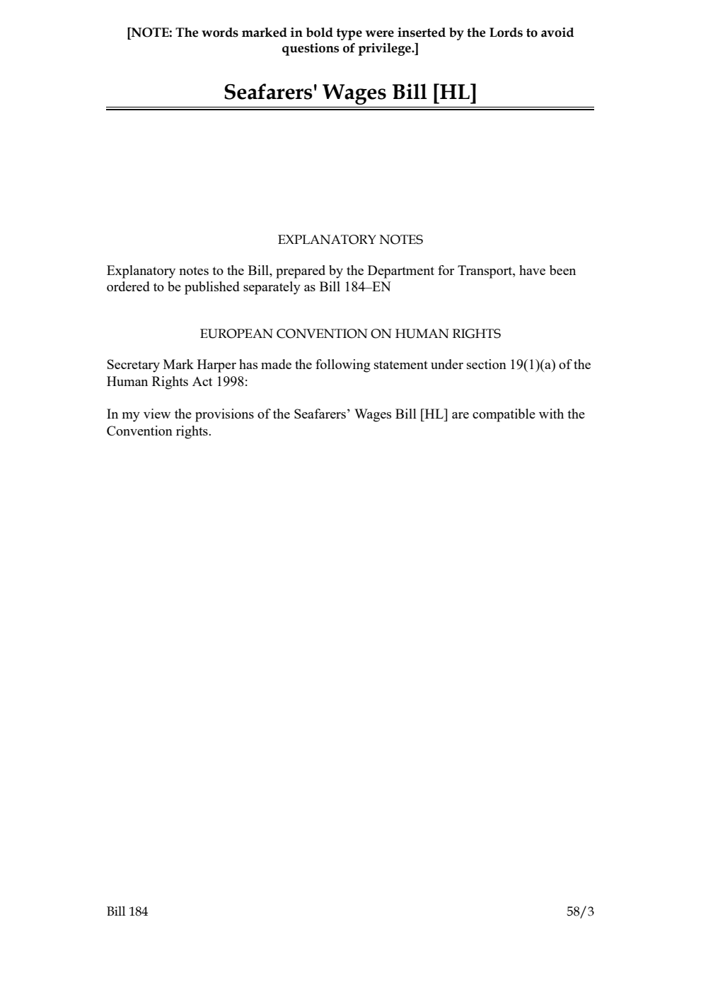 Seafarers' Wages Bill