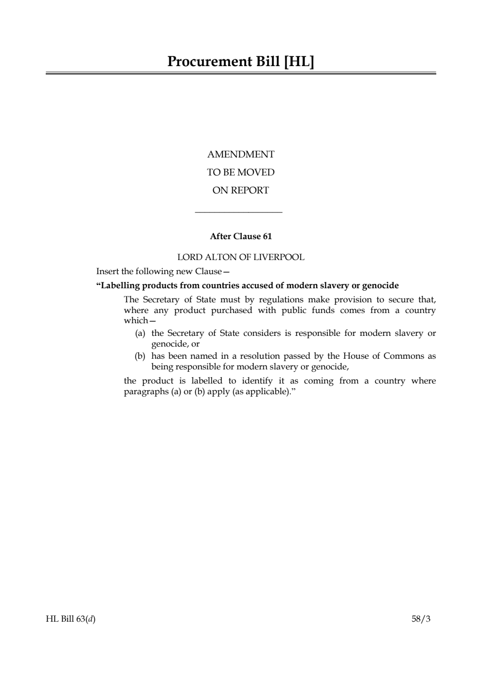 Procurement Bill Amendment to be moved on Report