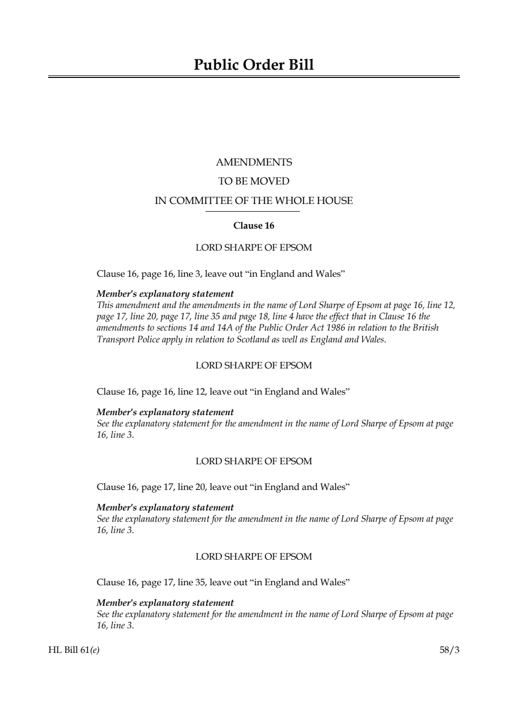 Public Order Bill Amendments to be moved in Committee of the Whole House
