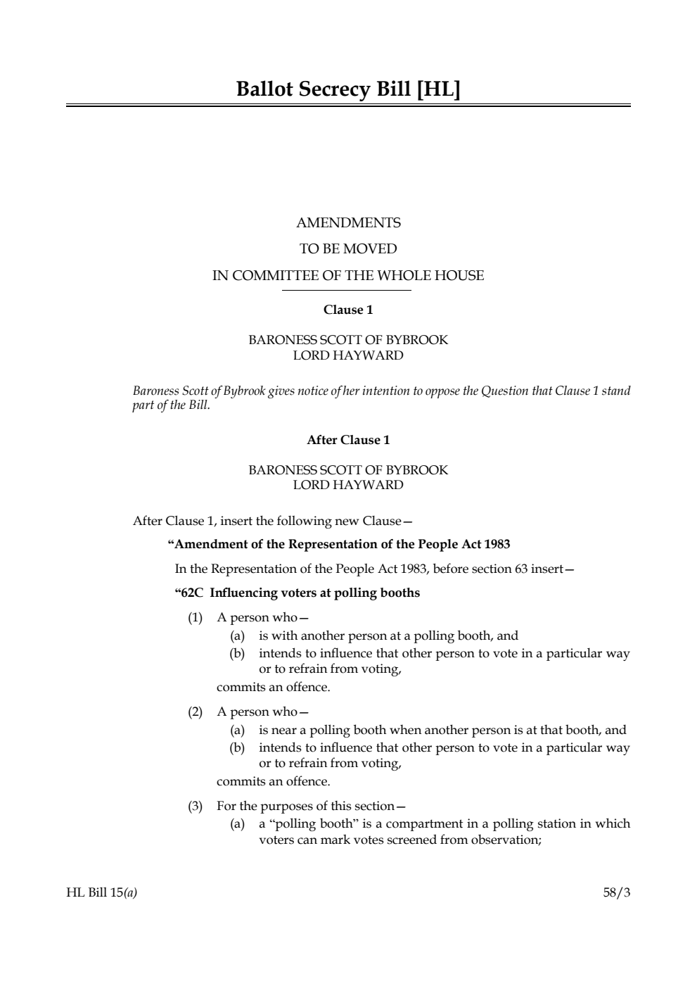 Ballot Secrecy Bill Amendments to be moved in Committee of the Whole House