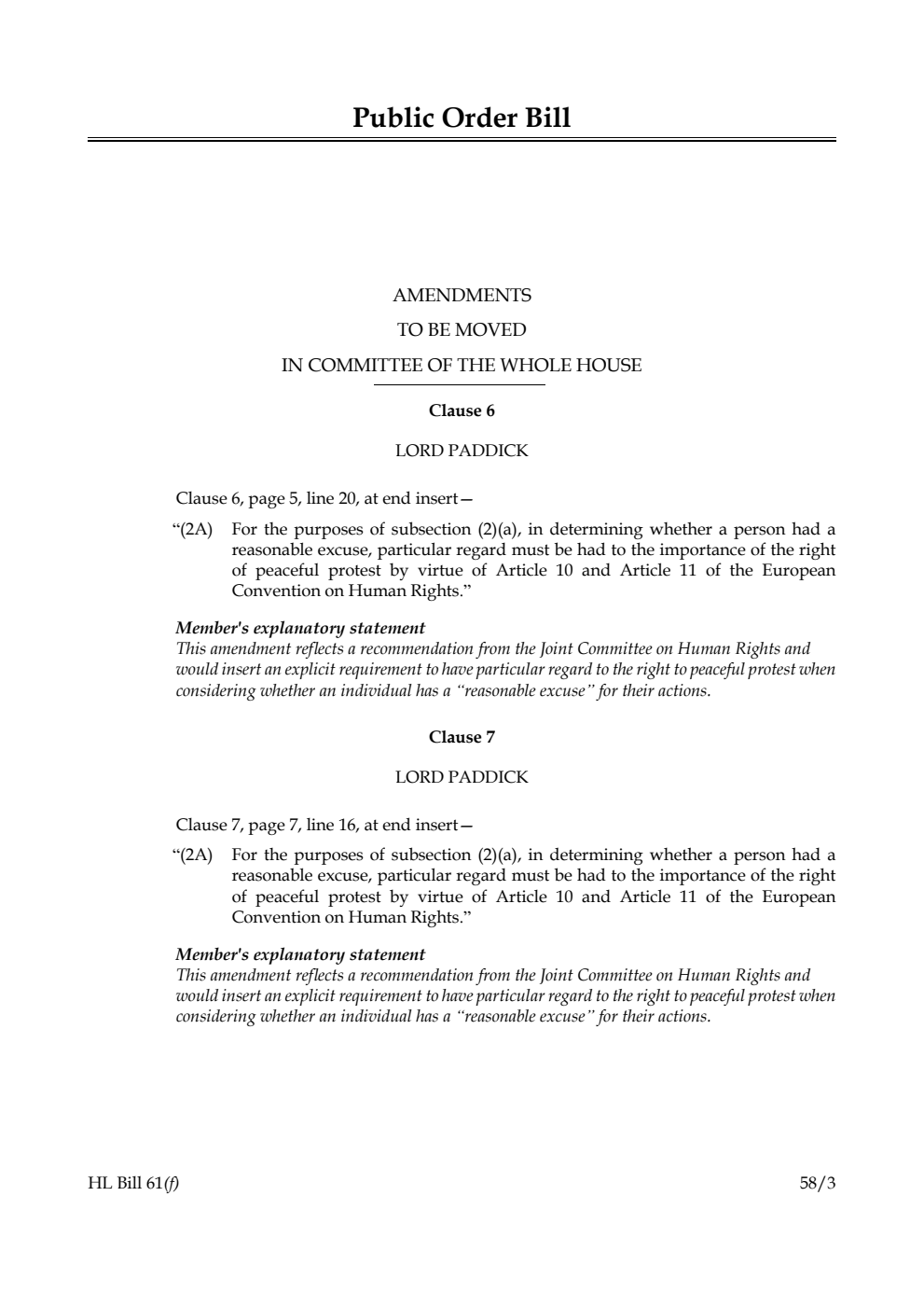 Public Order Bill Amendments to be moved in Committee of the Whole House