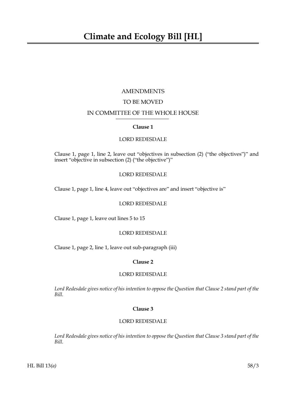 Climate and Ecology Bill Amendments to be moved in Committee of the Whole House