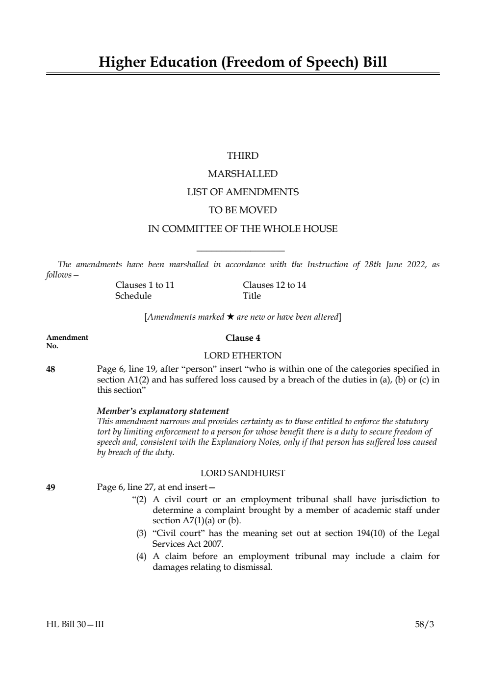 Higher Education (Freedom of Speech) Bill Third Marshalled List of Amendments to be moved in Committee of the Whole House