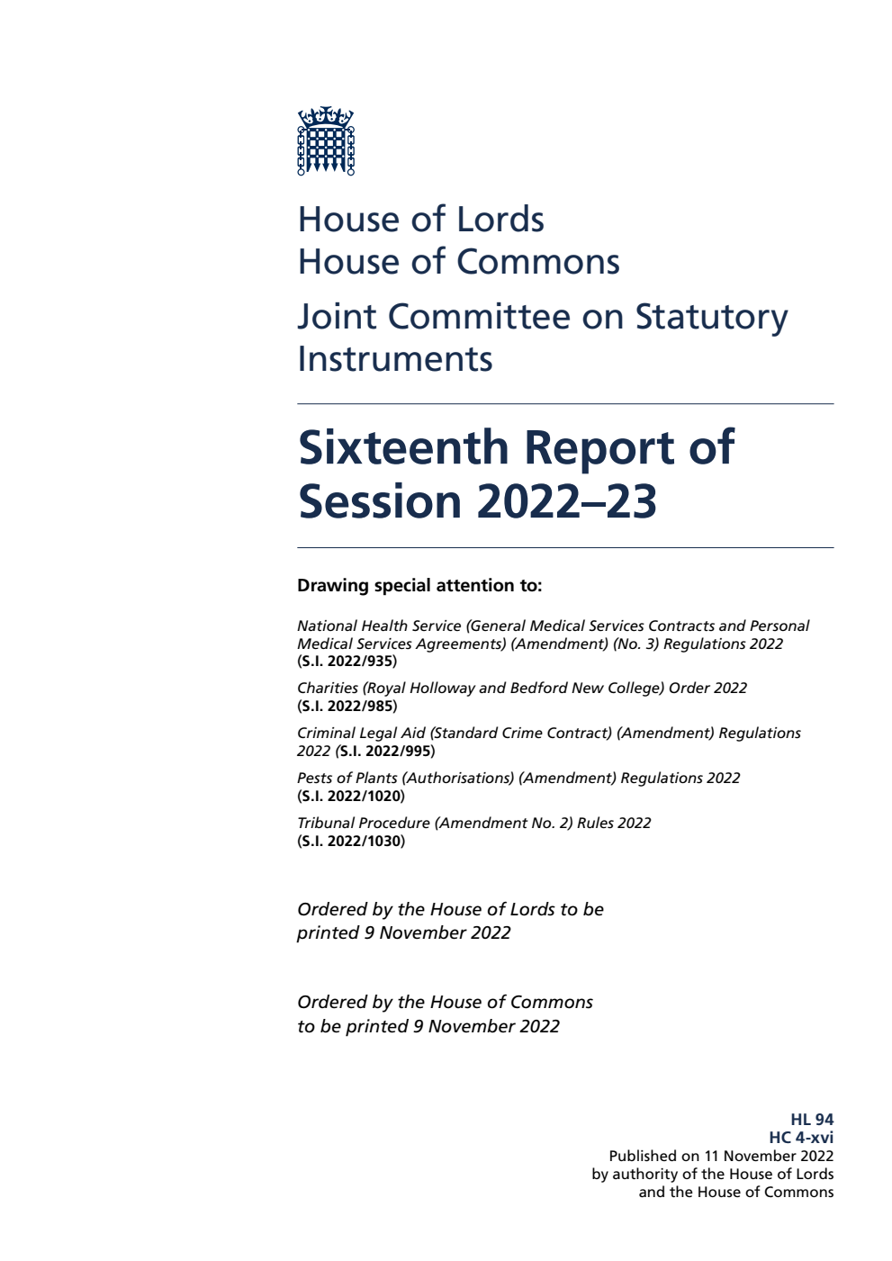 Joint Committee on Statutory Instruments 16th Report of Session 2022-23