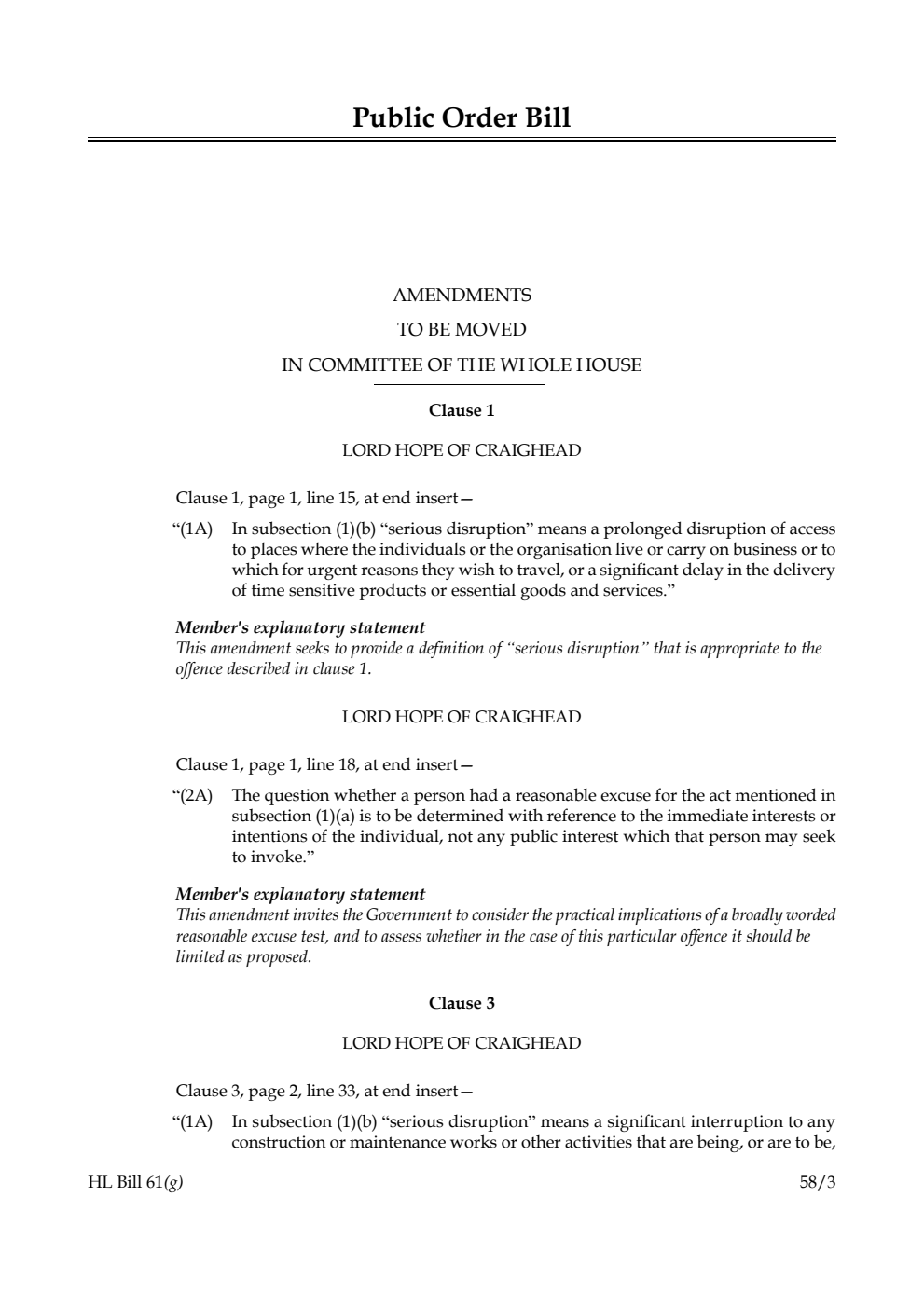 Public Order Bill Amendments to be moved in Committee of the Whole House