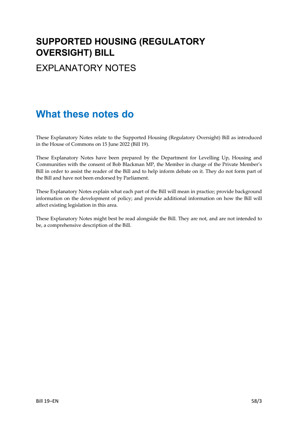Supported Housing (Regulatory Oversight) Bill Explanatory Notes