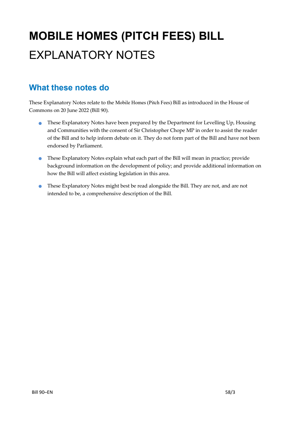 Mobile Homes (Pitch Fees) Bill Explanatory Notes