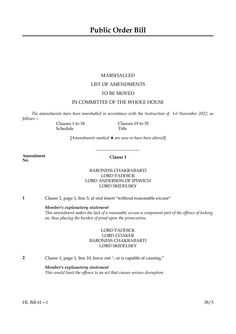 Public Order Bill Marshalled List of Amendments to be moved in Committee of the Whole House