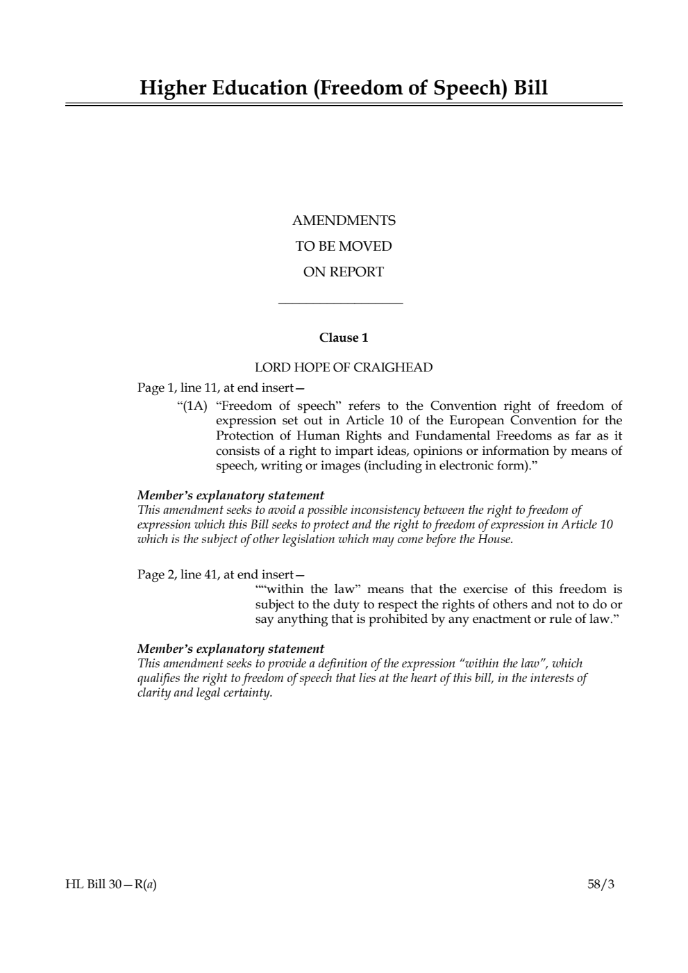 Higher Education (Freedom of Speech) Bill Amendments to be moved on Report