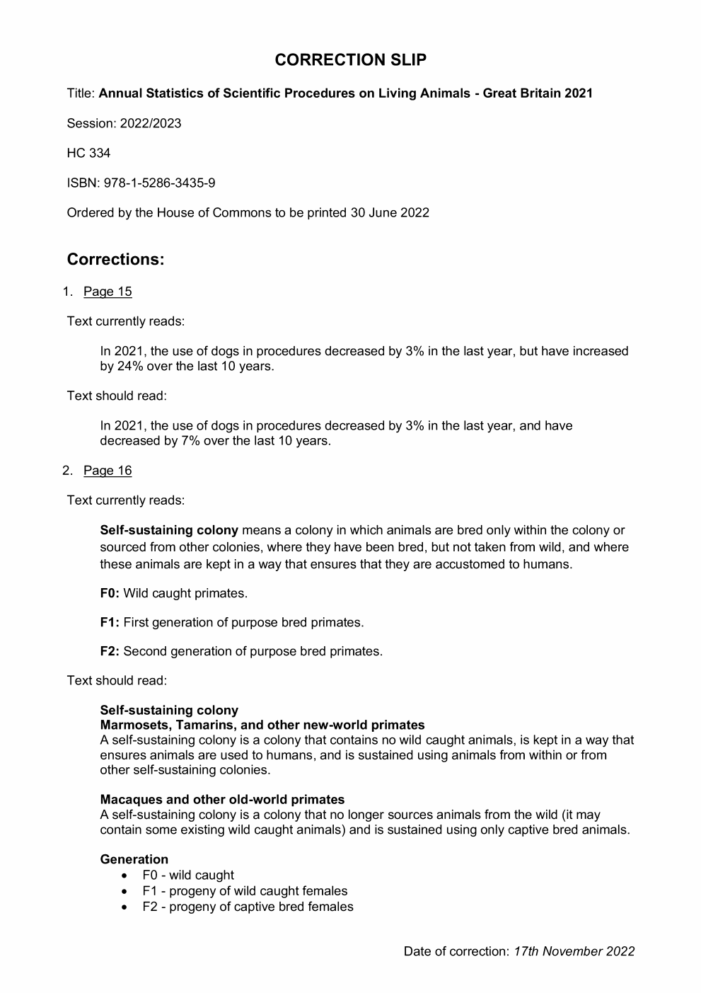 Annual Statistics of Scientific Procedures on Living Animals Great Britain 2021. Correction Slip, November 2022