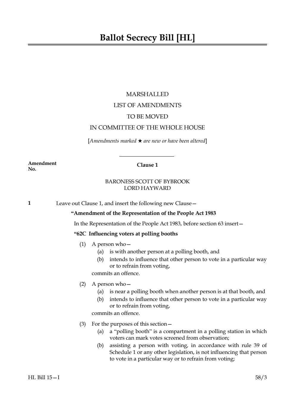 Ballot Secrecy Bill Marshalled List of Amendments to be moved in Committee of the Whole House