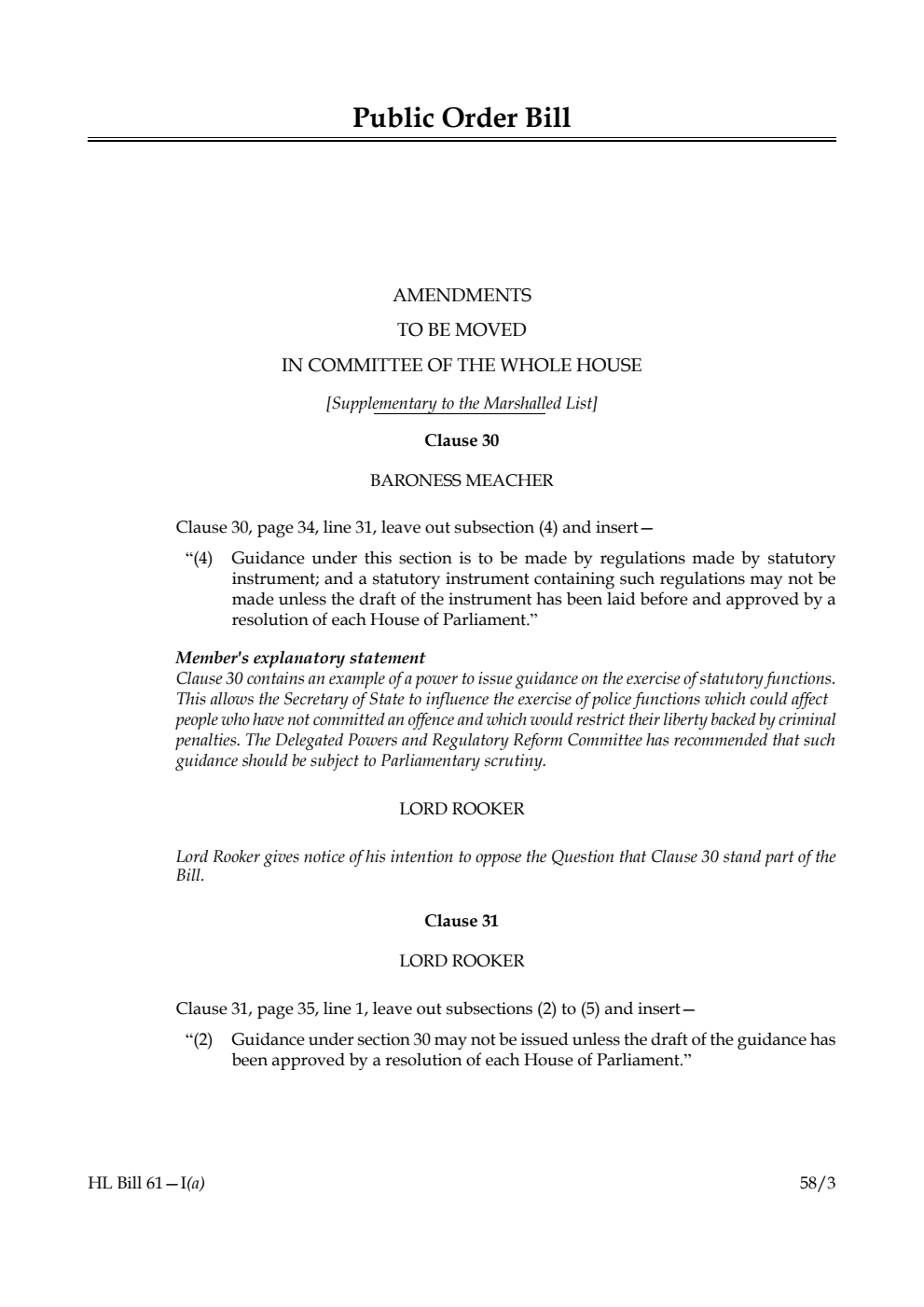 Public Order Bill Amendments to be moved in Committee of the Whole House [Supplementary to the Marshalled List]