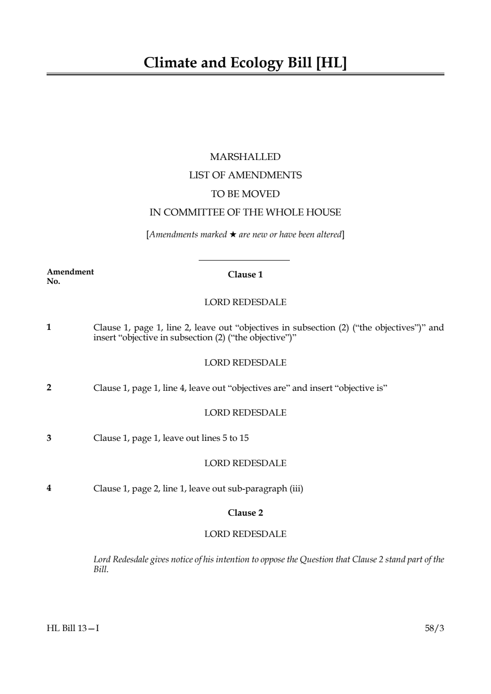 Climate and Ecology Bill Marshalled List of Amendments to be moved in Committee of the Whole House