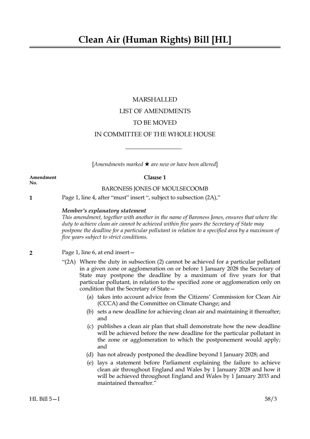Clean Air (Human Rights) Bill Marshalled List of Amendments to be moved in Committee of the Whole House