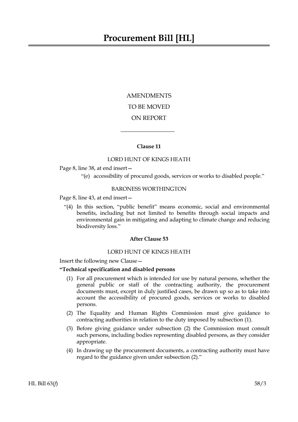 Procurement Bill Amendments to be moved on Report