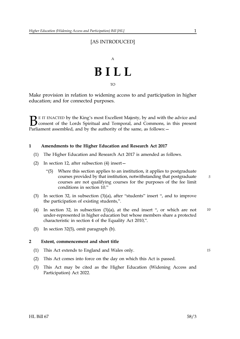 Higher Education (Widening Access and Participation) Bill