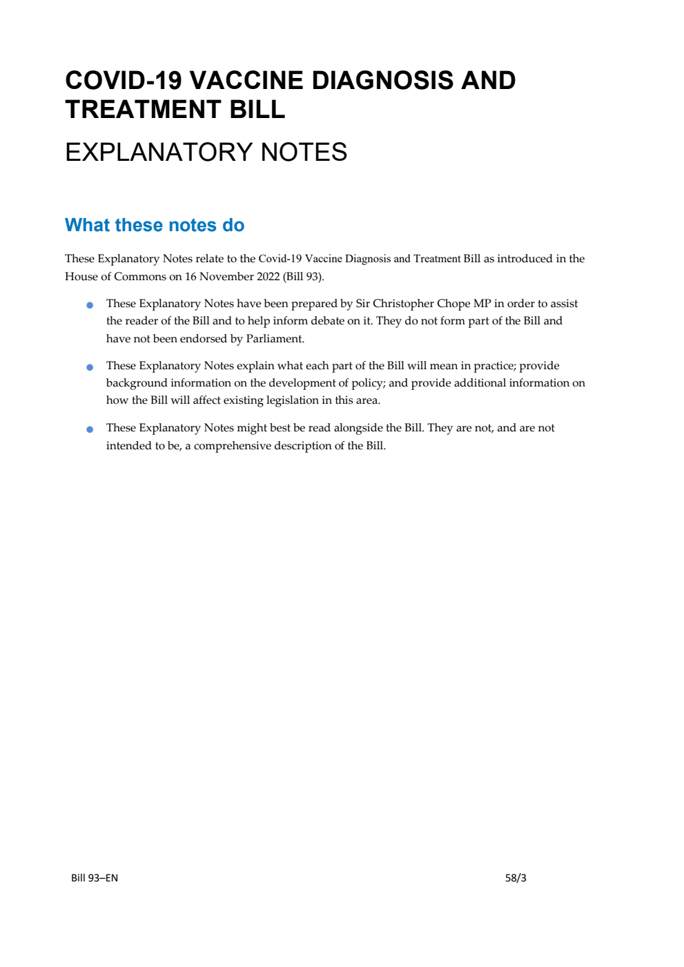Covid-19 Vaccine Diagnosis and Treatment Bill Explanatory Notes