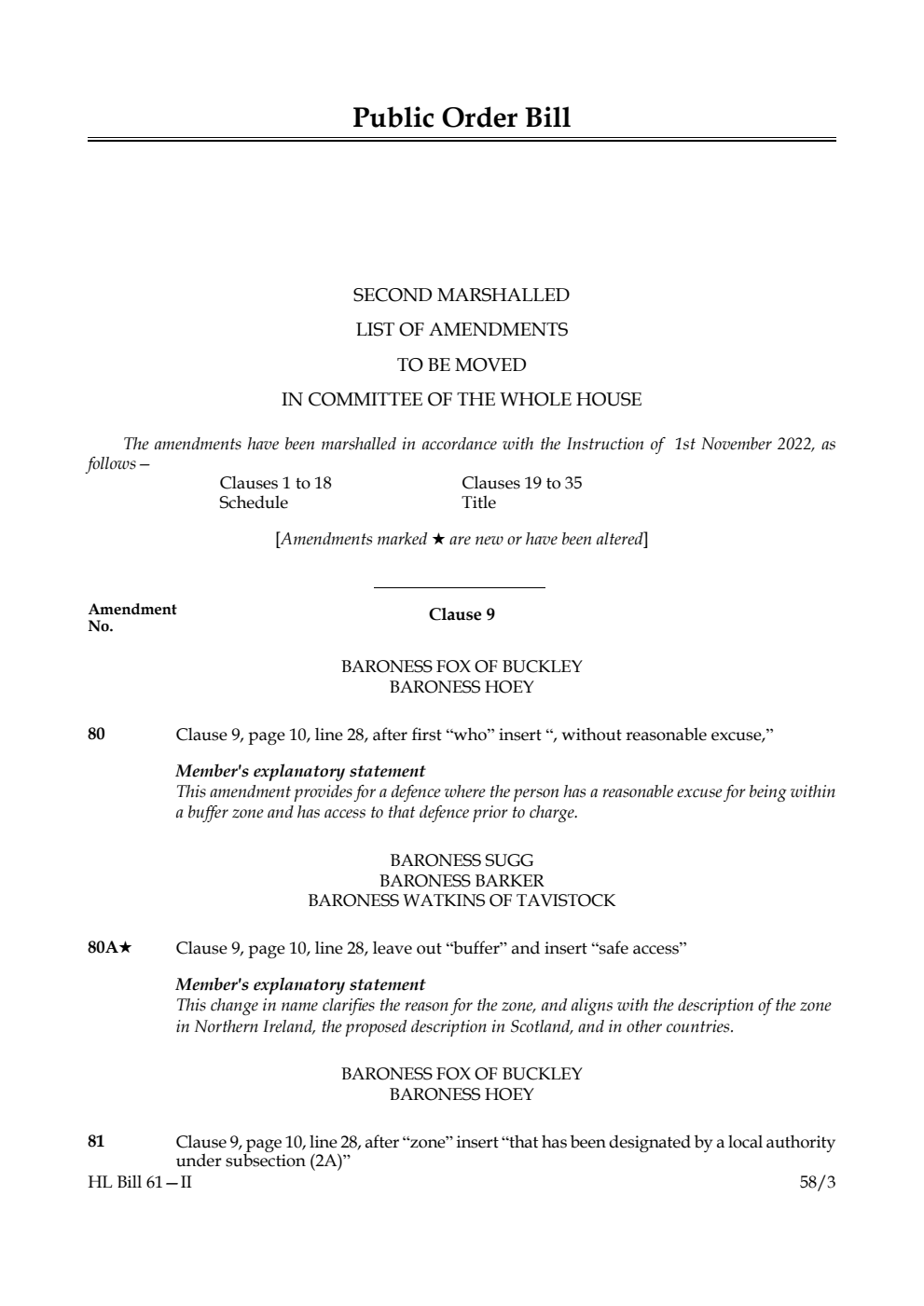 Public Order Bill Second Marshalled List of Amendments to be moved in Committee of the Whole House