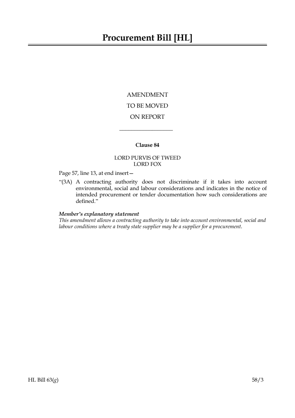 Procurement Bill Amendment to be moved on Report