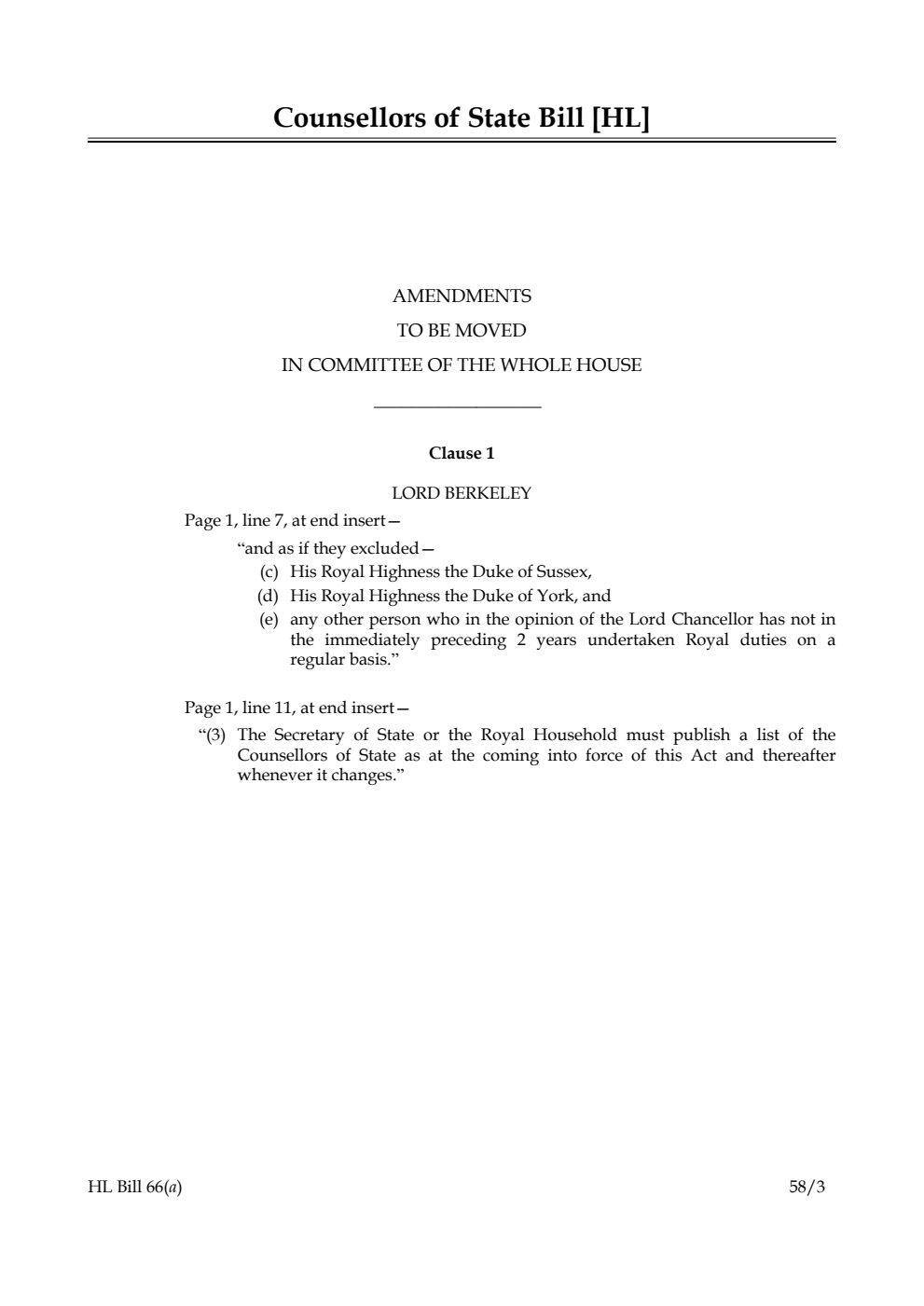 Counsellors of State Bill Amendments to be moved in Committee of the Whole House