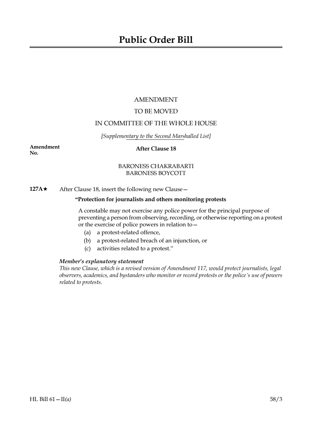 Public Order Bill Amendment to be moved in Committee of the Whole House [Supplementary to the Second Marshalled List]