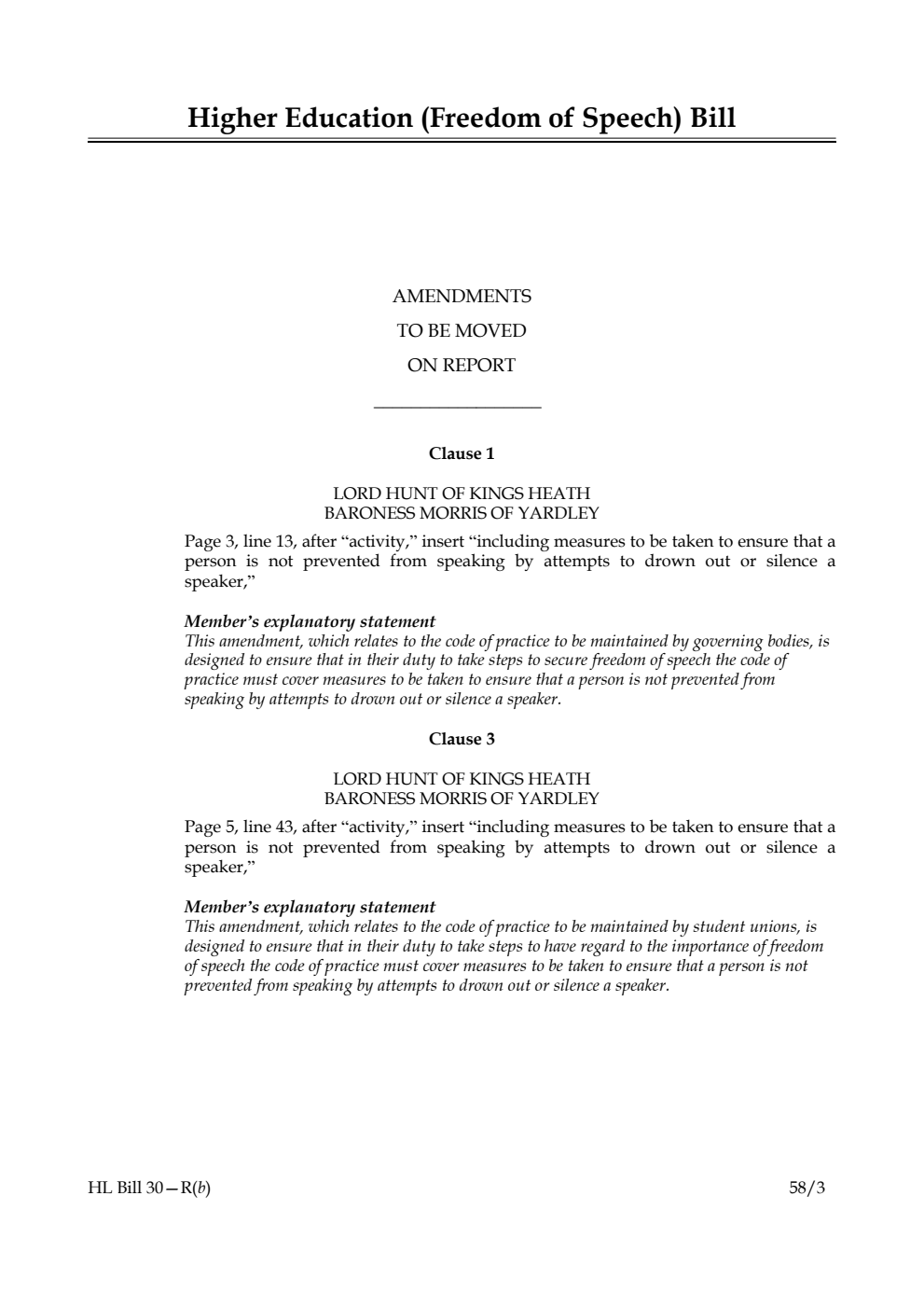 Higher Education (Freedom of Speech) Bill Amendments to be moved on Report