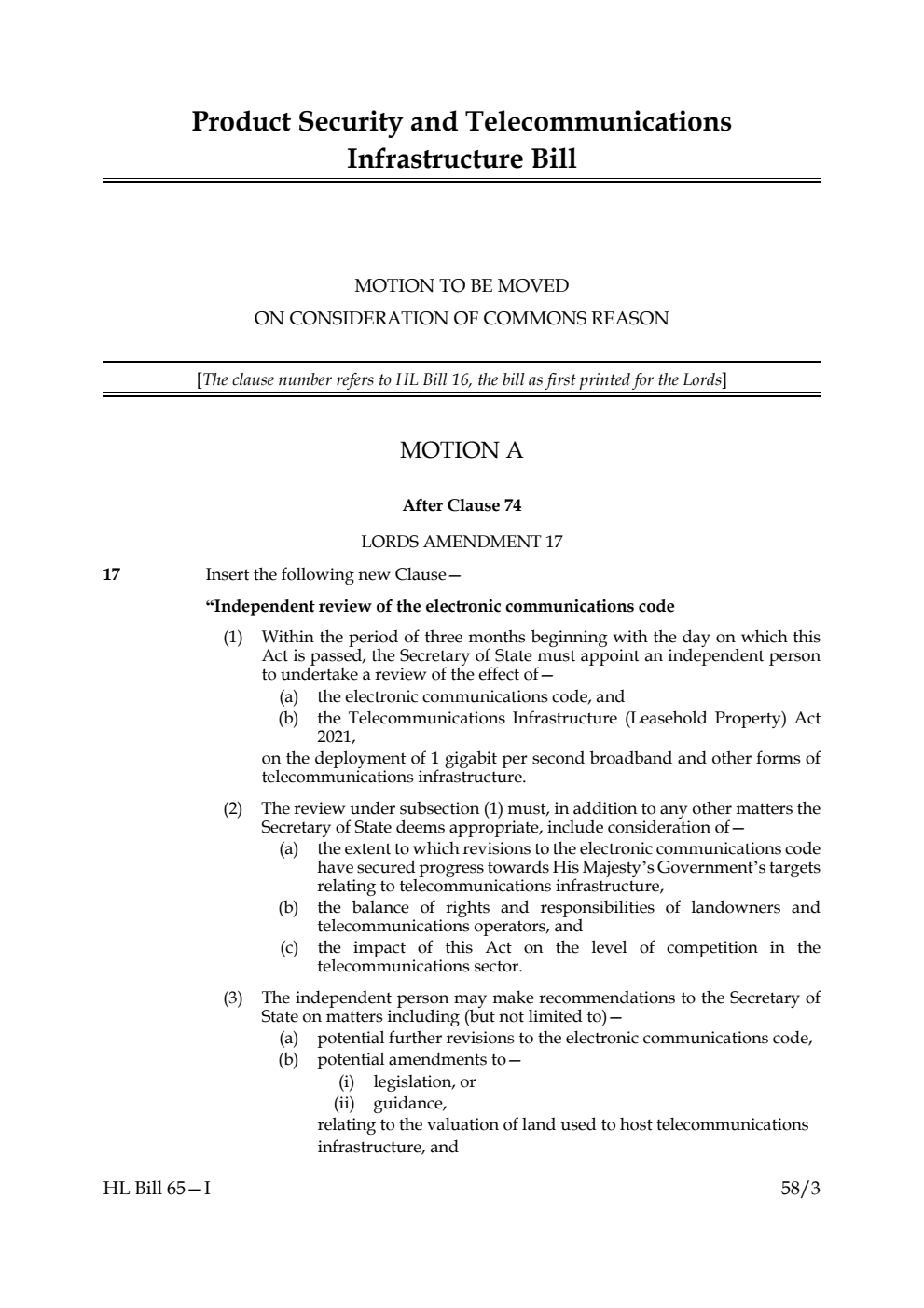 Product Security and Telecommunications Infrastructure Bill Motion to be moved on consideration of Commons Reason
