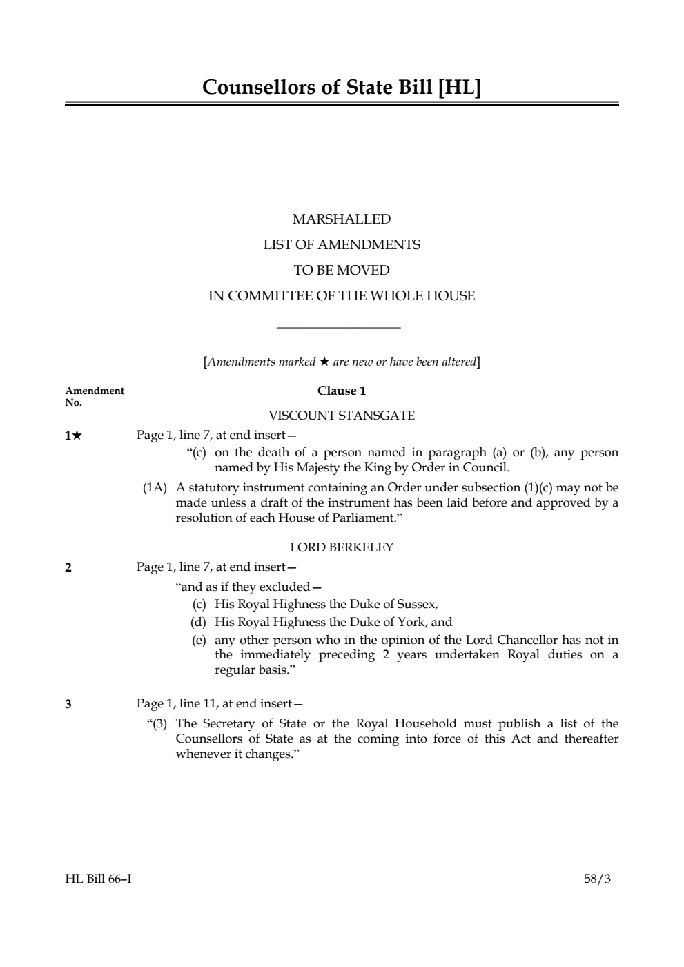 Counsellors of State Bill Marshalled List of Amendments to be moved in Committee of the Whole House