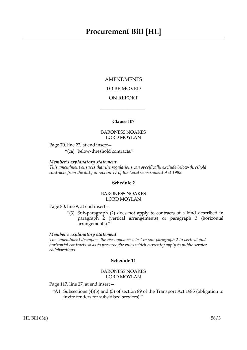 Procurement Bill Amendments to be moved on Report