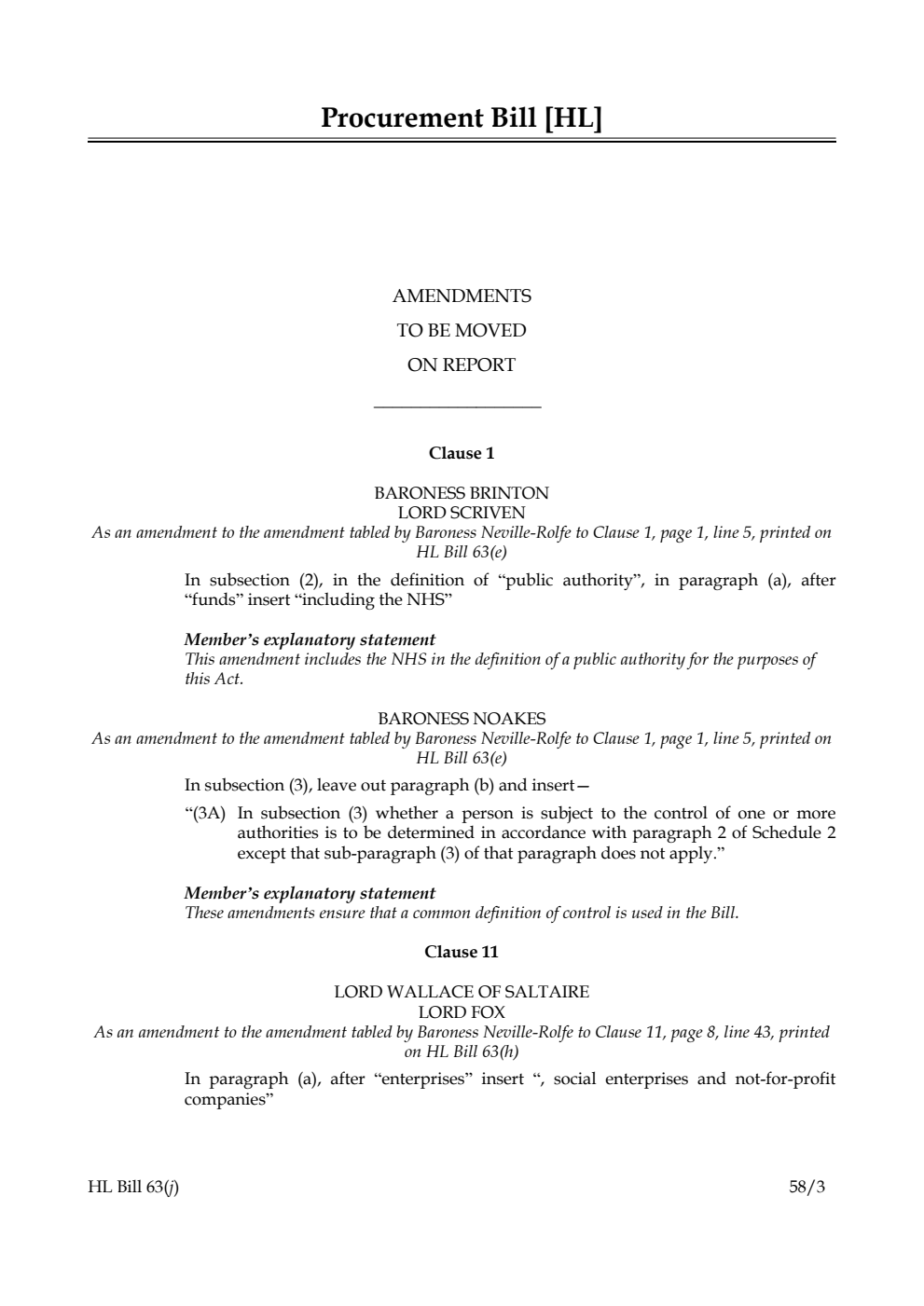 Procurement Bill Amendments to be moved on Report