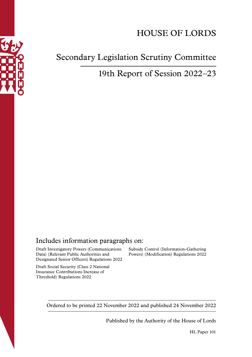 Secondary Legislation Scrutiny Committee 19th Report of Session 2022-23