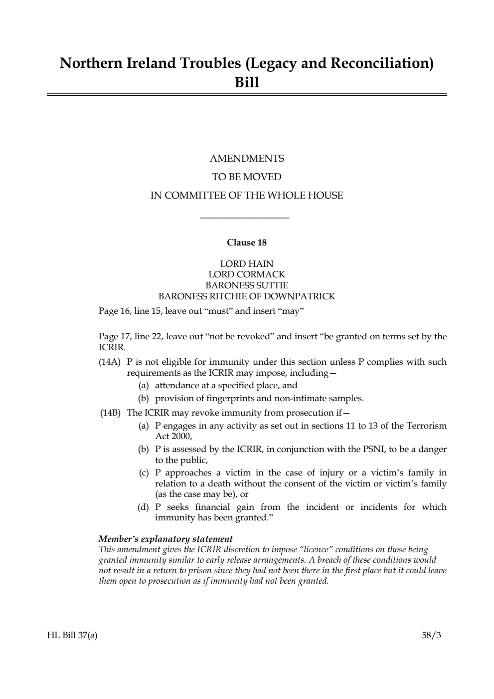 Northern Ireland Troubles (Legacy and Reconciliation) Bill Amendments to be moved in Committee of the Whole House