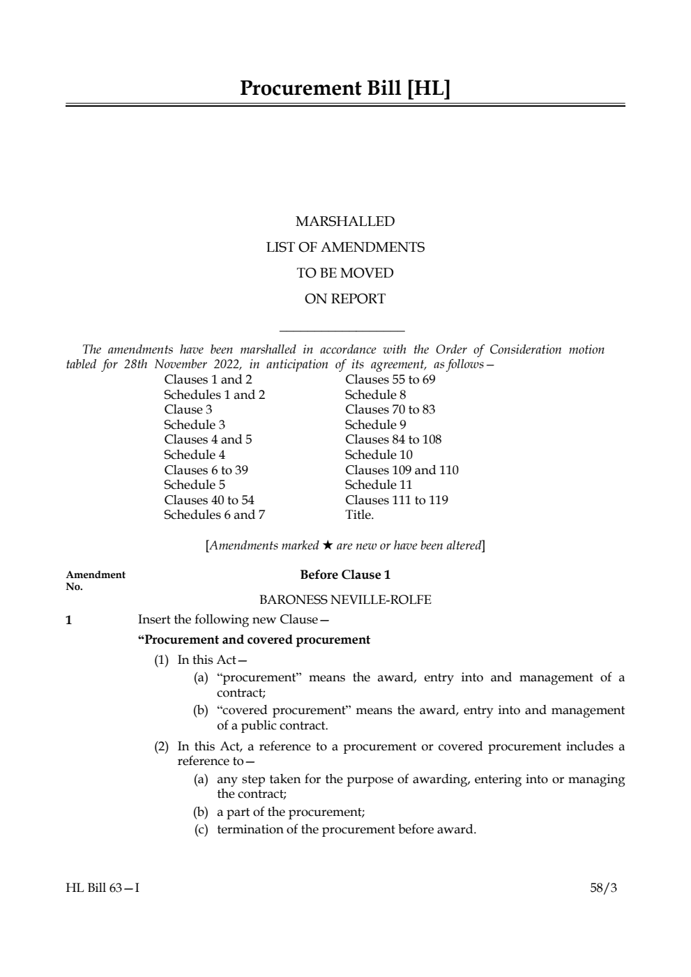 Procurement Bill  [HL] Marshalled List of Amendments to be moved on Report