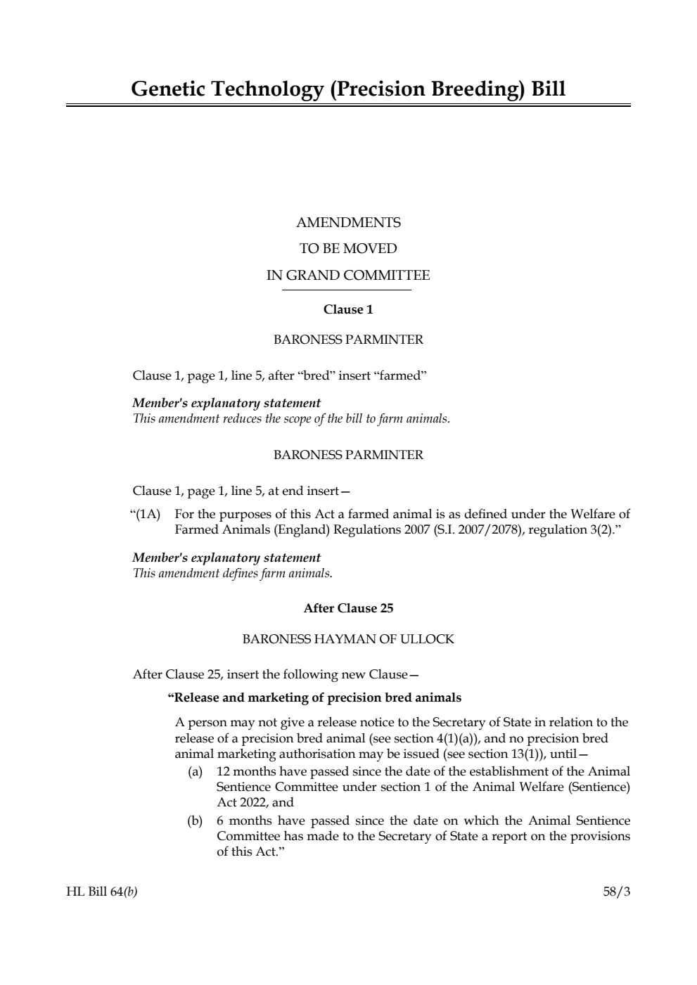 Genetic Technology (Precision Breeding) Bill Amendments to be moved in Grand Committee