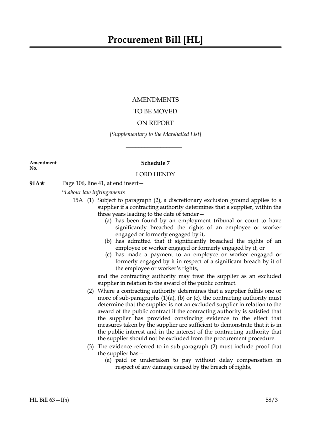 Procurement Bill Amendments to be moved on Report [Supplementary to the Marshalled List]