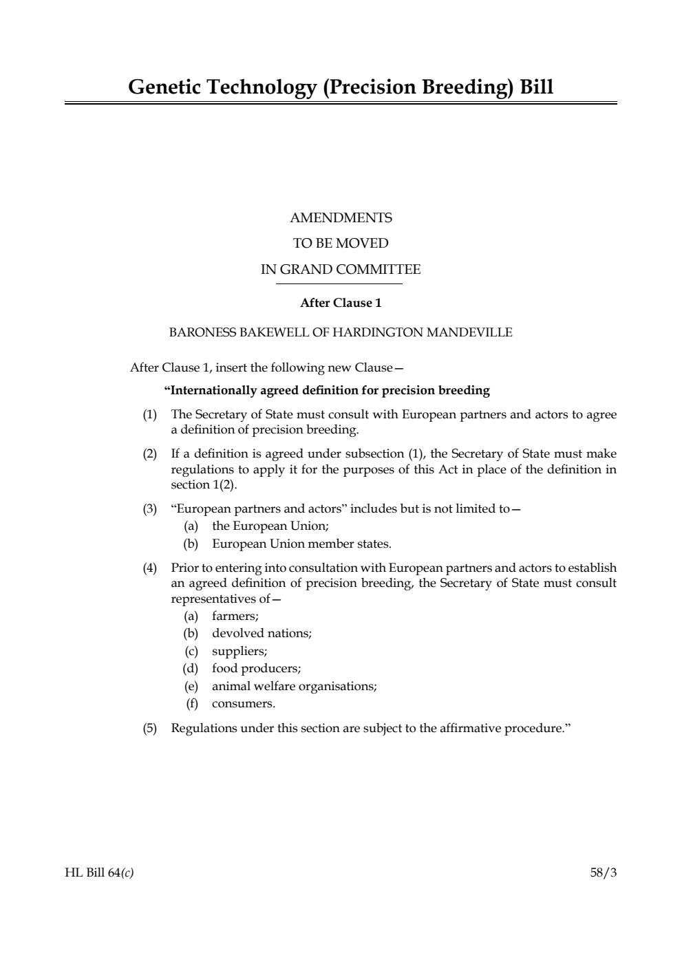 Genetic Technology (Precision Breeding) Bill Amendments to be moved in Grand Committee