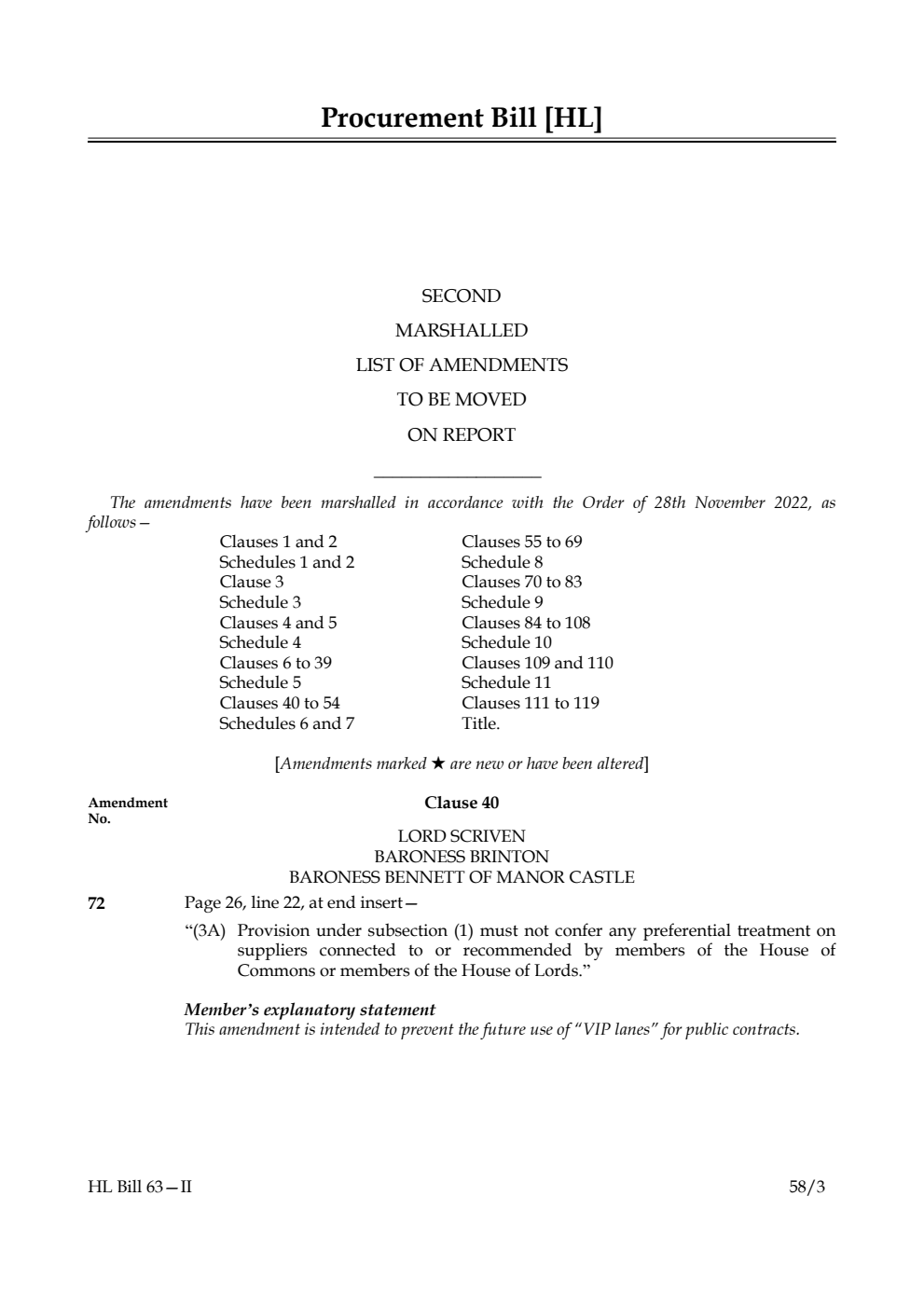 Procurement Bill Second Marshalled List of Amendments to be moved on report