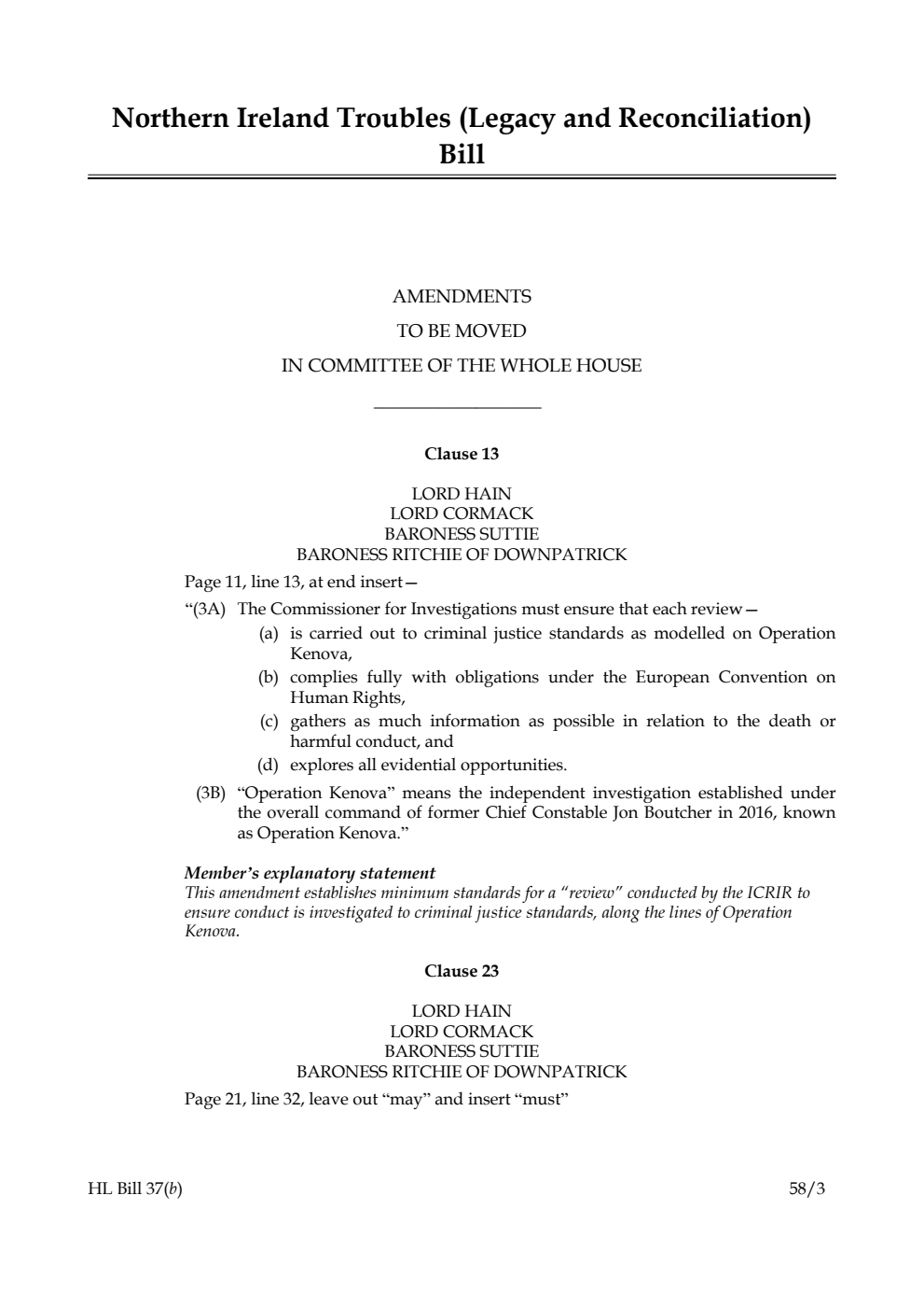 Northern Ireland Troubles (Legacy and Reconciliation) Bill Amendments to be moved in Committee of the Whole House