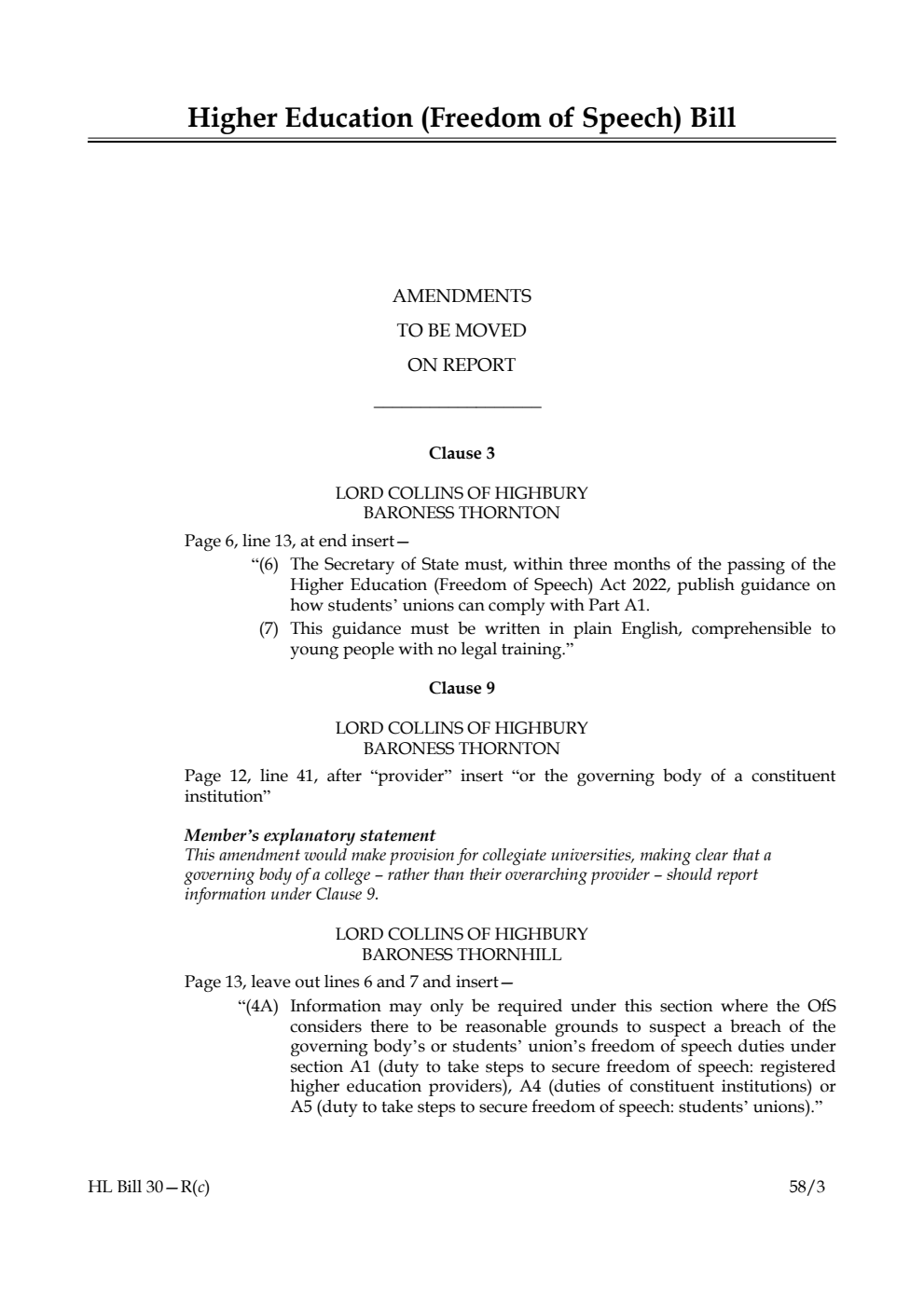 Higher Education (Freedom of Speech) Bill Amendments to be moved on Report