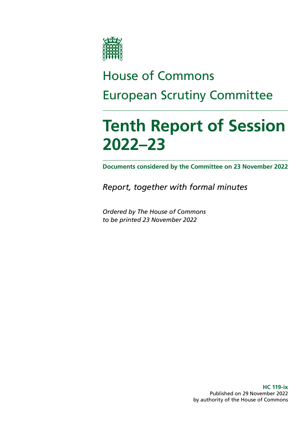 European Scrutiny Committee 10th Report of Session 2022-23